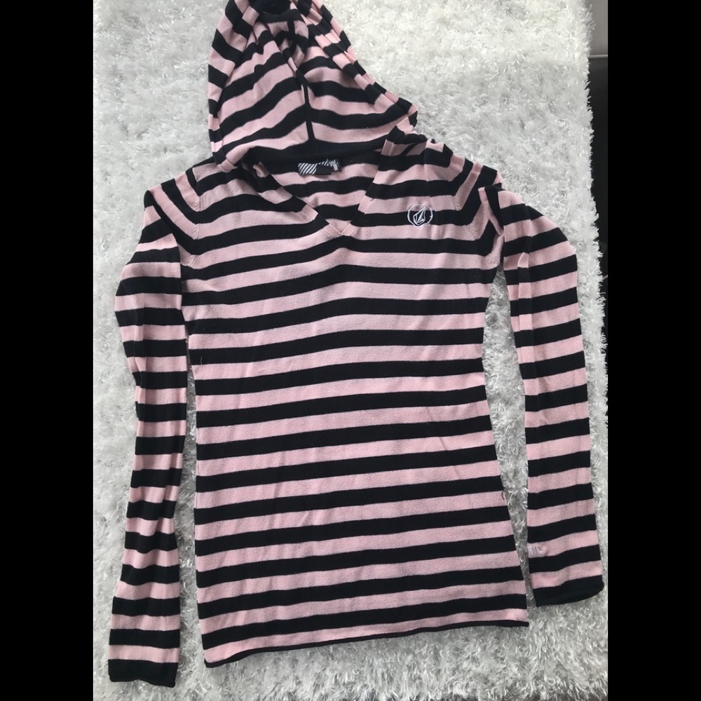Volcom pink/black stripped knit hoodie-M